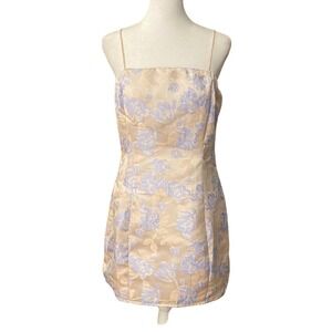 NWT Lulus Womens Sheath Dress Floral Lined Classic Backless Tan Blue Size Medium